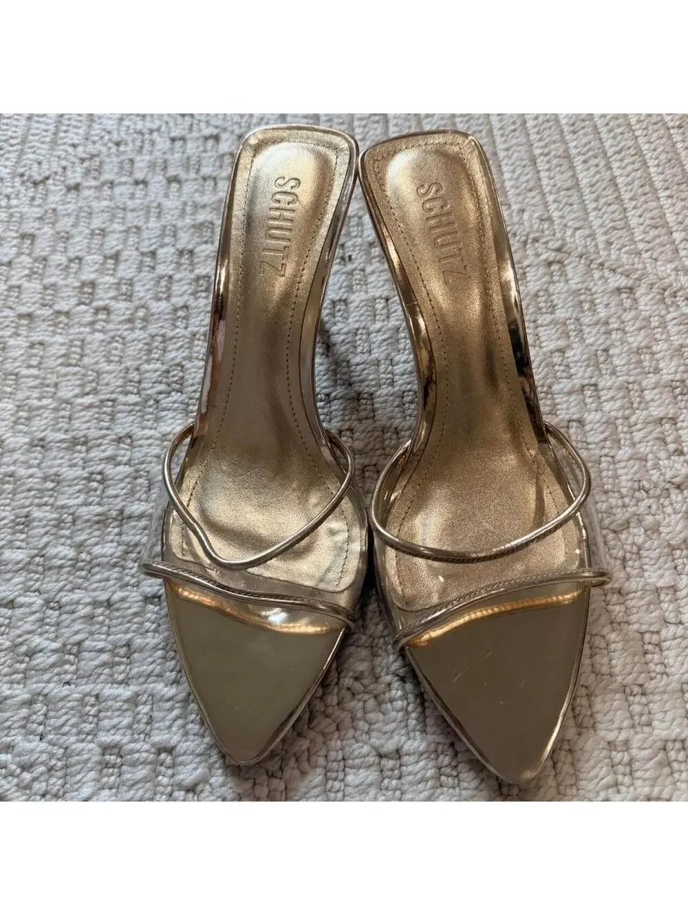 Schutz Elodie Sandal Heel in Platinum Gold